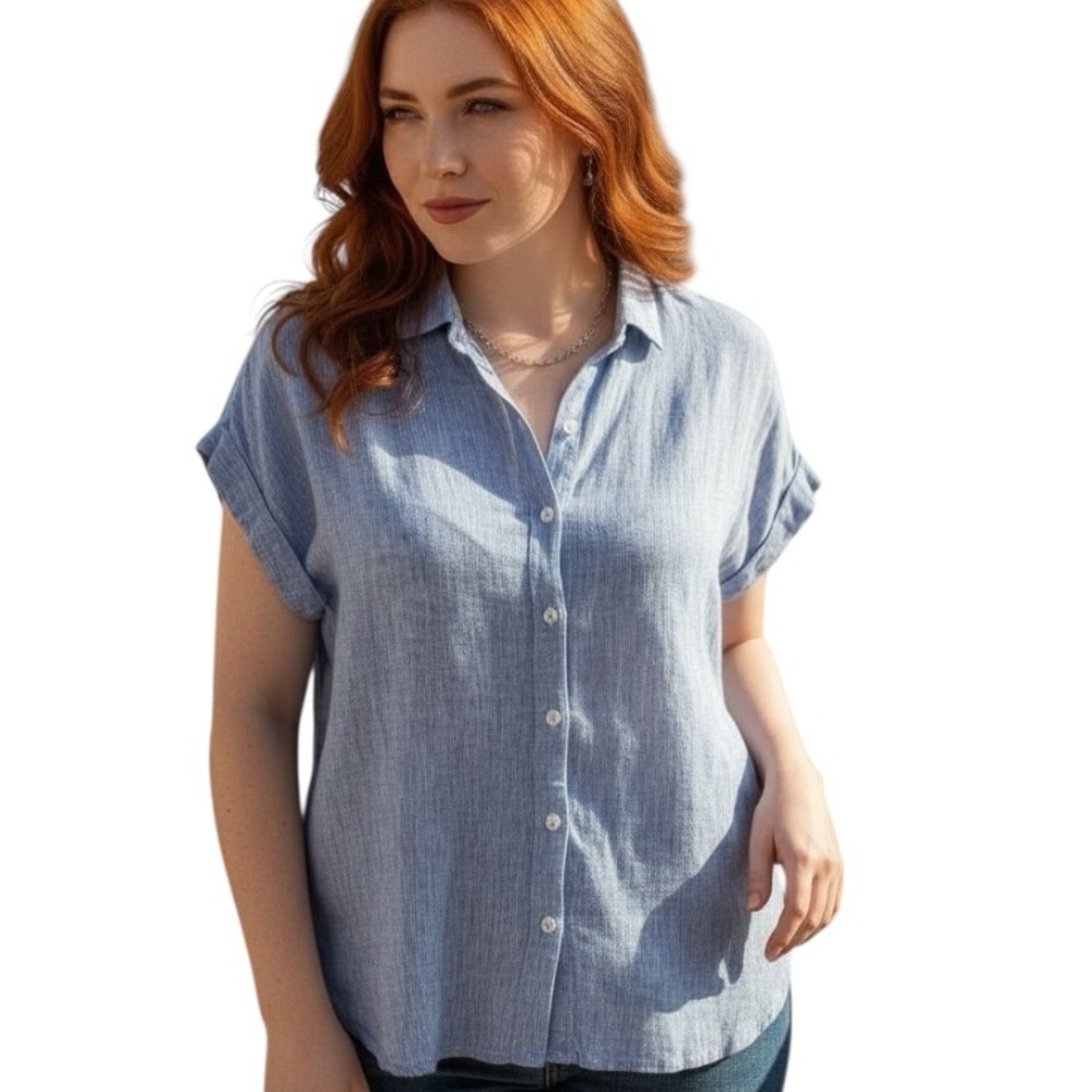 Weatherproof Vintage Large Linen Blue White Stripe Chambray Button Cap Sleeve